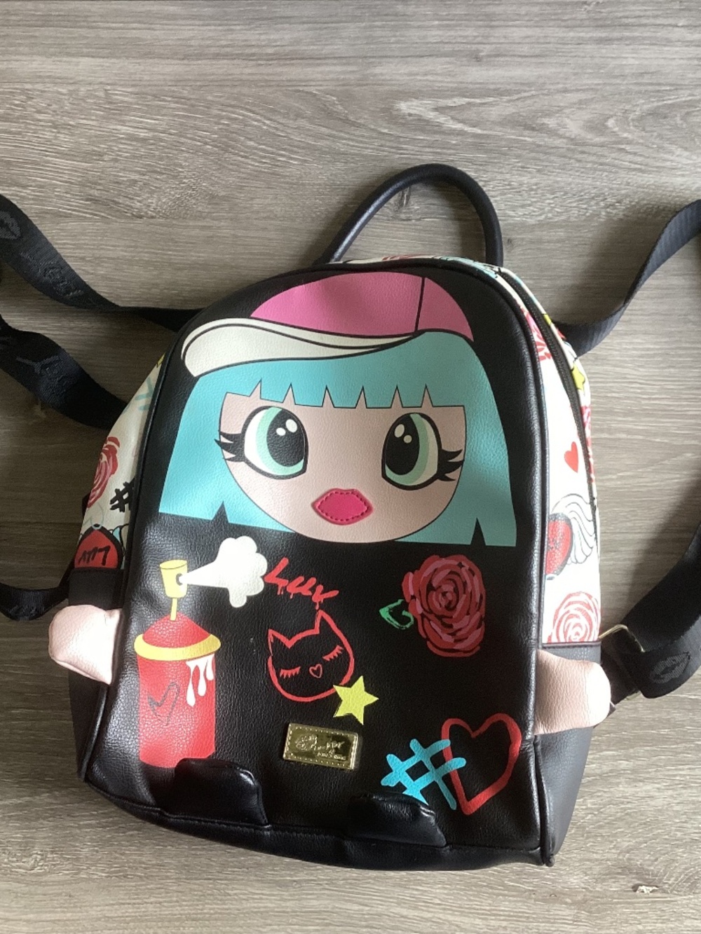 Betsey Johnson Graffiti Tomboy Backpack Purse Colorful Bag Women’s Black Pink
